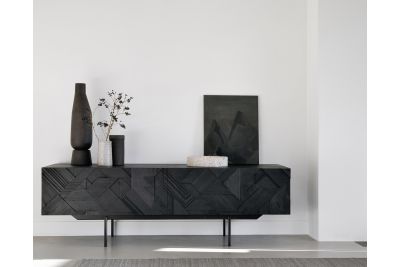 ETHNICRAFT GRAPHIC TV CUPBOARD 1 DOOR-1 DRAWER 160x45x51 WITH TEAK VENEER PANEL AND METAL LEGS 10065