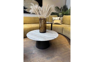 TOKYO COFFEE TABLE | HOUTEN ONDERSTEL | GRIJS TRAVERTINE BLAD 
