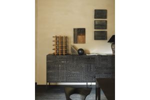 ETHNICRAFT DARK TEAK TABWA SIDEBOARD-4 DOORS 200x45x85 WITH VENEER FRAME AND BLACK METAL LEGS 12189