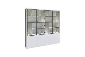 EGK099 Glaskast eiken rustiek PUUR/DUNE 4drs eiken/ 4drs metaal versprongen (230x241x40 cm)