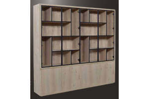 EGK099 Glaskast eiken rustiek PUUR/DUNE 4drs eiken/ 4drs metaal versprongen (230x241x40 cm)