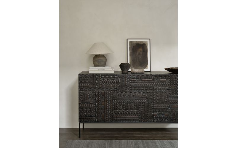 ETHNICRAFT DARK TEAK TABWA SIDEBOARD-3 DOORS 150x45x85 WITH A VENEER FRAME AND BLACK METAL LEGS12188