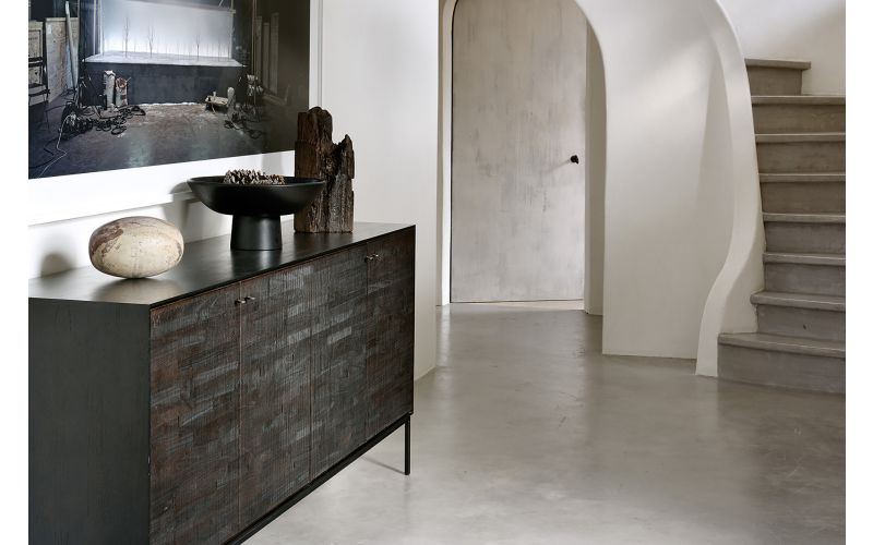 ETHNICRAFT DARK TEAK GROOVES SIDEBOARD-4 DOORS 202x45x87 WITH BLACK METAL LEGS 12253