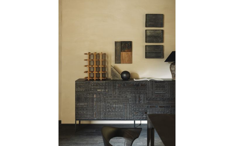 ETHNICRAFT DARK TEAK TABWA SIDEBOARD-4 DOORS 200x45x85 WITH VENEER FRAME AND BLACK METAL LEGS 12189