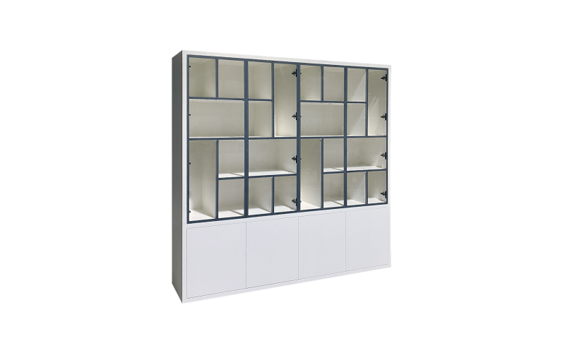 EGK099 Glaskast eiken rustiek PUUR/DUNE 4drs eiken/ 4drs metaal versprongen (230x241x40 cm)