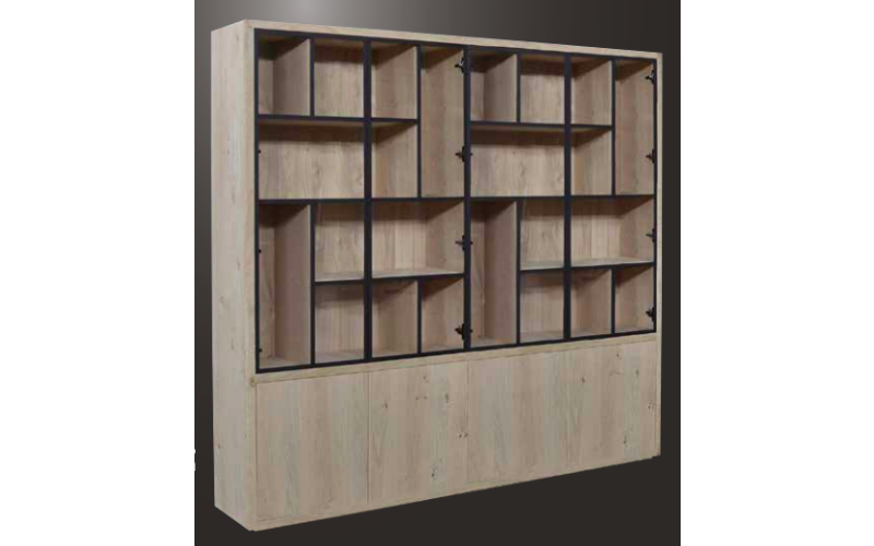 EGK099 Glaskast eiken rustiek PUUR/DUNE 4drs eiken/ 4drs metaal versprongen (230x241x40 cm)