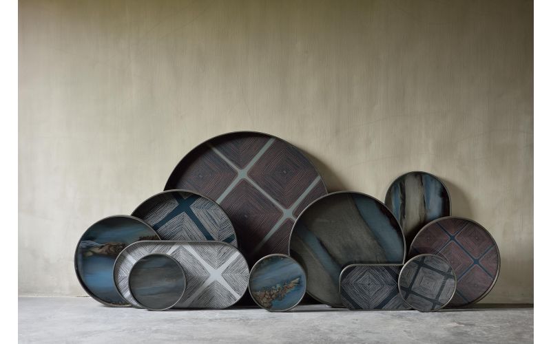 ETHNICRAFT LINEAR SQUARES TRAY GLASS INK L 61x61x4