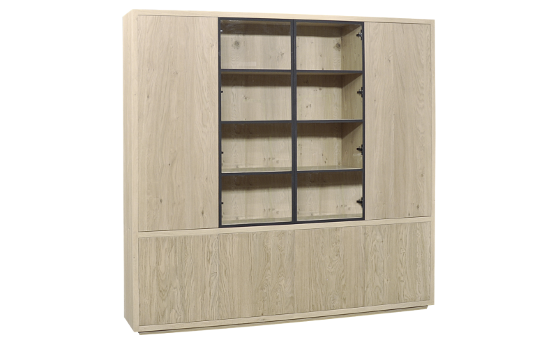EGK095 Glaskast eiken rustiek PUUR/DUNE 6drs eiken/ 2drs metaal (230x241x40 cm) 
