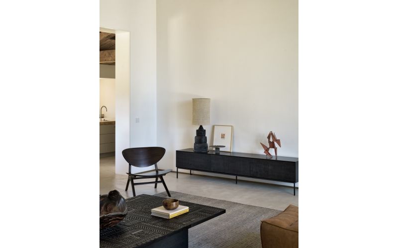 GROOVES TV CUPBOARD - VARNISHED TEAK - OFF BLACK - 1 FILP-DOWN DOOR - 2 DRAWERS 242 x 45 x 53	 12254