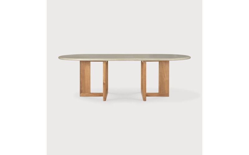 TRESTLE OUTDOOR DINING TABLE - VARNISHED CONCRETE TOP - RECLAIMED TEAK BASE - LIGHT GREY - OBLONG  