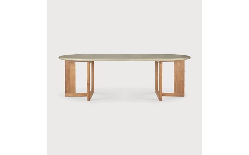 TRESTLE OUTDOOR DINING TABLE - VARNISHED CONCRETE TOP - RECLAIMED TEAK BASE - LIGHT GREY - OBLONG  