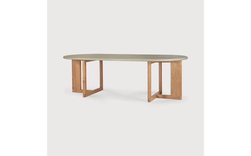 TRESTLE OUTDOOR DINING TABLE - VARNISHED CONCRETE TOP - RECLAIMED TEAK BASE - LIGHT GREY - OBLONG  