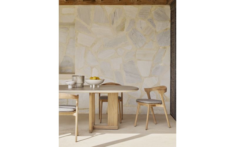 TRESTLE OUTDOOR DINING TABLE - VARNISHED CONCRETE TOP - RECLAIMED TEAK BASE - LIGHT GREY - OBLONG  